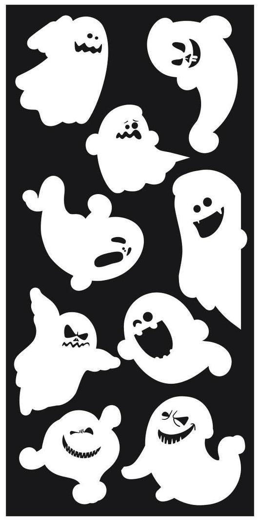 Sheet of white ghost stickers on black background, assorted ghost shapes