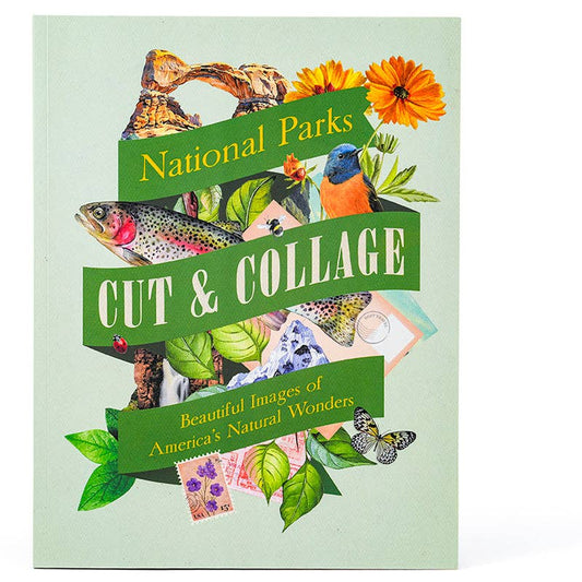 National parks cut-and-collage book cover with wildlife, flowers, and title ribbons