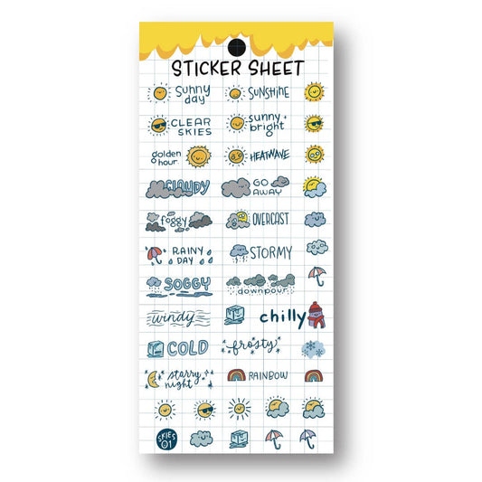 Weather-themed clear planner sticker sheet with sunny, cloudy, rainy, and stormy icons