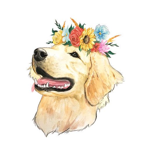 Golden retriever dog sticker with colorful flower crown