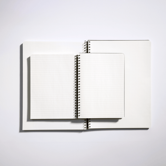A5 spiral notebook open to dot grid pages with metal ring binding