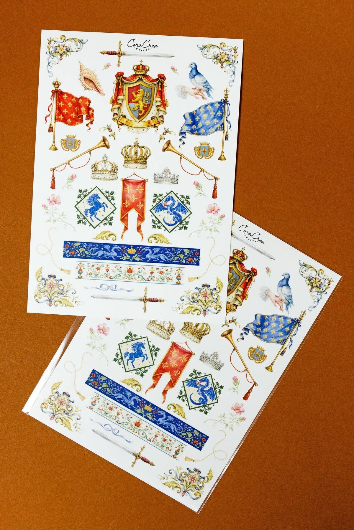 Medieval fable sticker sheet with heraldry, banners, birds, and shields in red, blue.