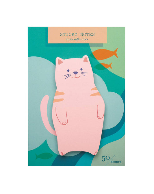 Die-cut sticky notes with pink cat holding fish, 50 sheets in teal ocean pack