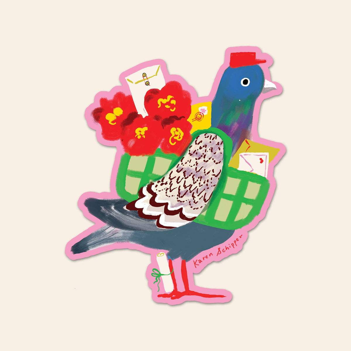 Pigeon Post vinyl sticker depicting a mail carrier pigeon with a flower-filled basket and letters