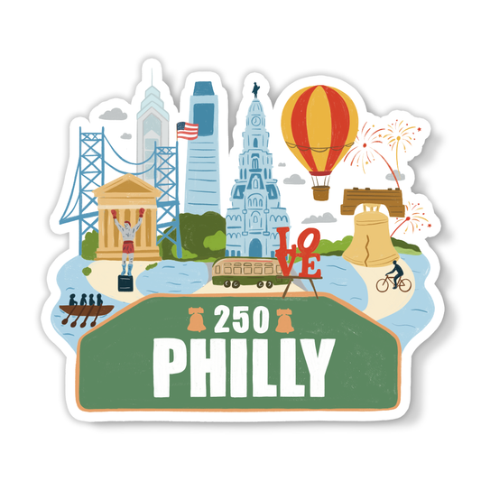 Vinyl sticker with Philadelphia landmarks and green '250 PHILLY' arch banner