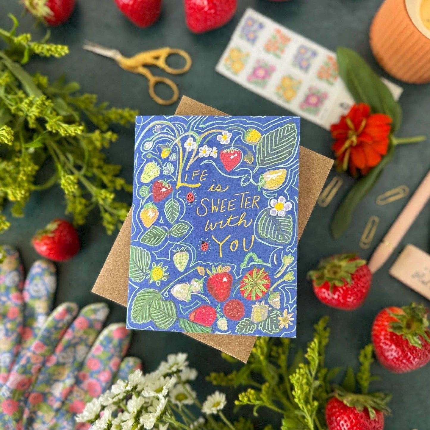 Life Is Sweeter With You (Strawberries and Ladybugs) — Love, Friendship, Birthday, Thank you Card