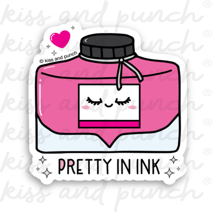 Pink fountain pen bottle die-cut vinyl sticker with heart and 'PRETTY INK' text