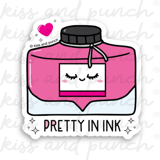 Pink fountain pen bottle die-cut vinyl sticker with heart and 'PRETTY INK' text