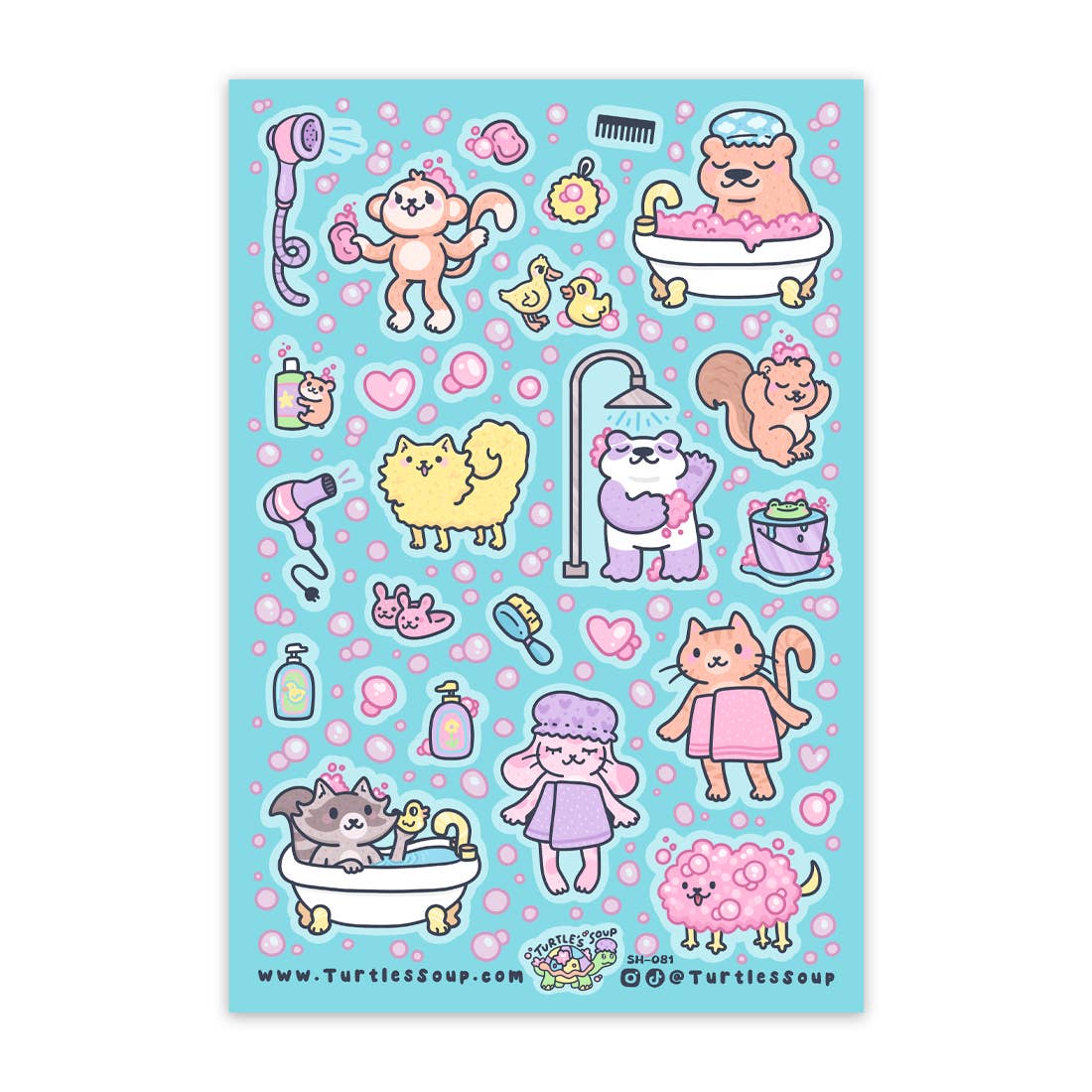 Glitter sticker sheet with kawaii bath-themed animal characters and bathroom icons