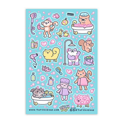 Glitter sticker sheet with kawaii bath-themed animal characters and bathroom icons