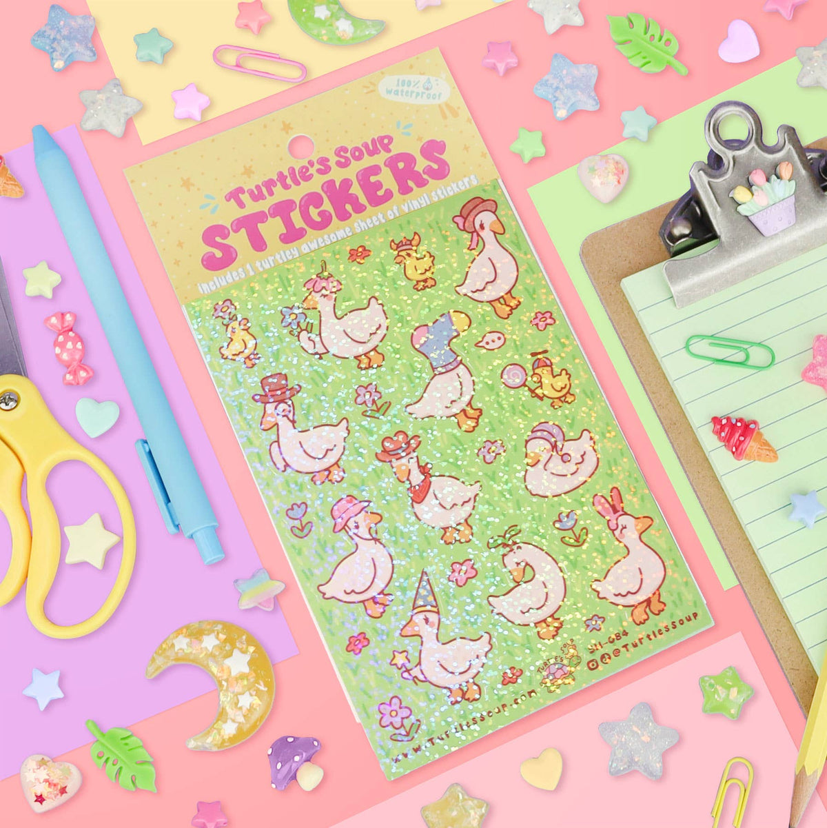 Package and sticker sheet with ducks, animals, and glittery star shapes