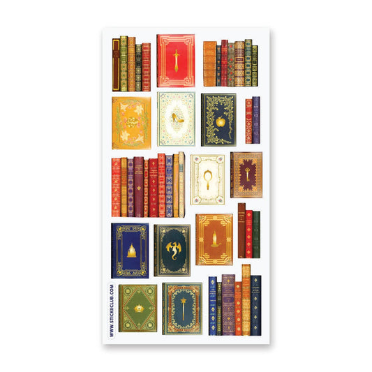 Book-themed sticker sheet with colorful illustrated book spines and ornate card stickers