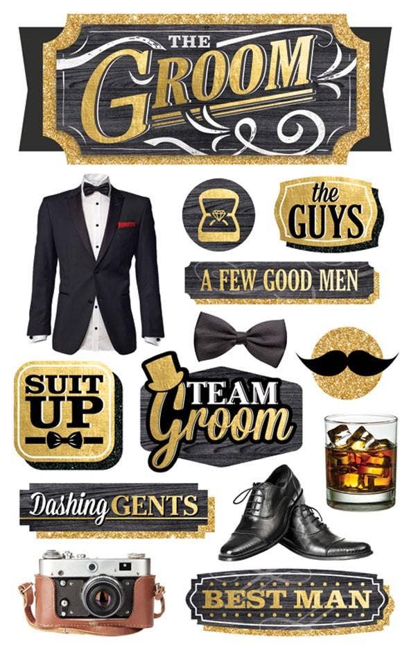 Groom dimensional sticker set with gold-and-black badges, bow tie, mustache and shoes