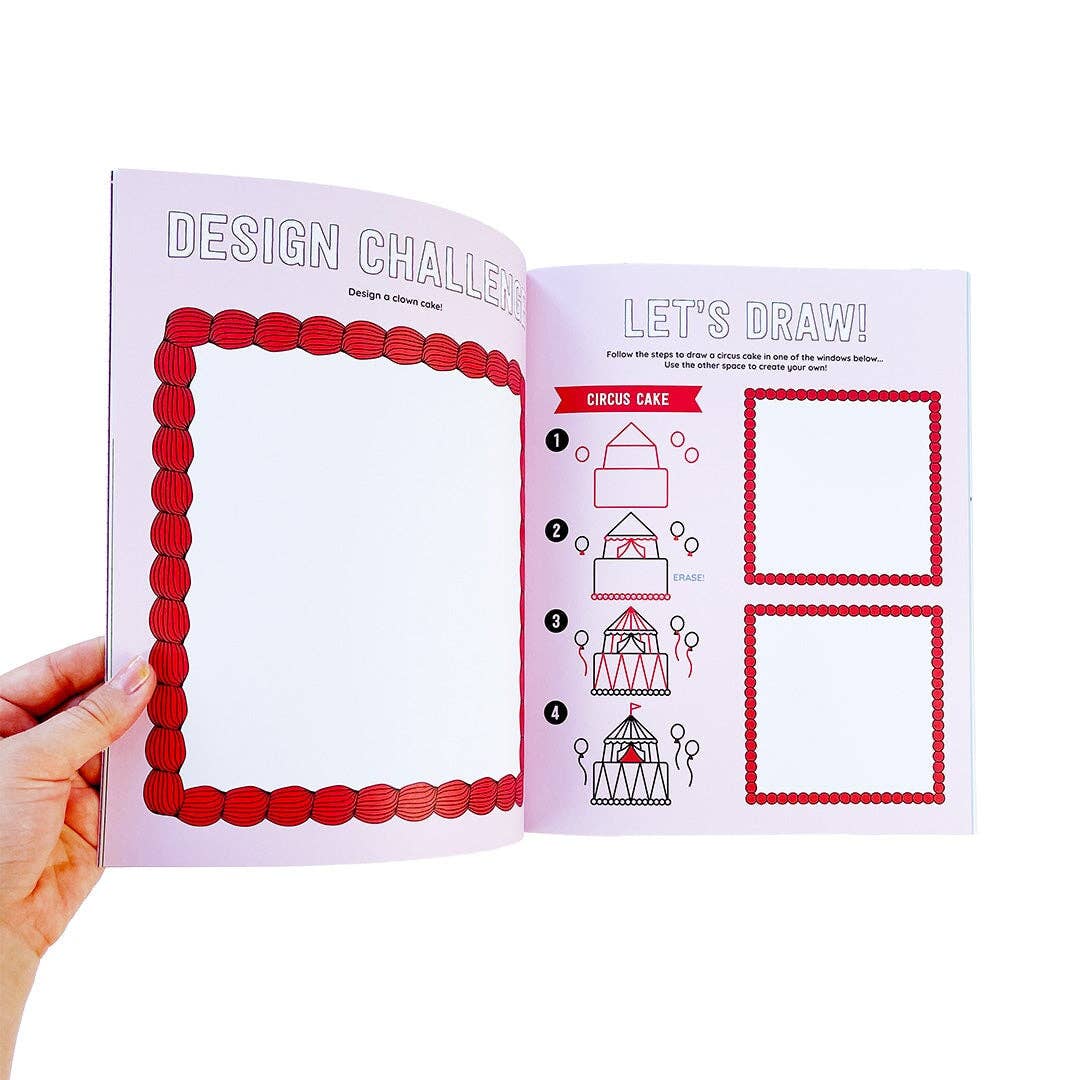 Open sticker activity book spread with red frame steps and a “Let’s Draw!” section