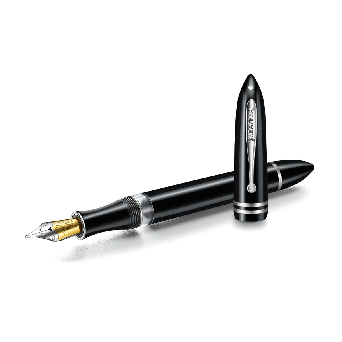 SHEAFFER glossy black fountain pen with gold nib, chrome trim, and capped body