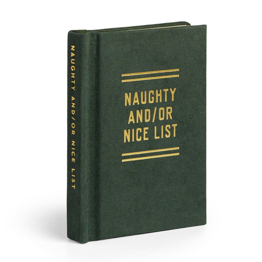 Dark green tiny diary with gold "Naughty and/or Nice List" cover text