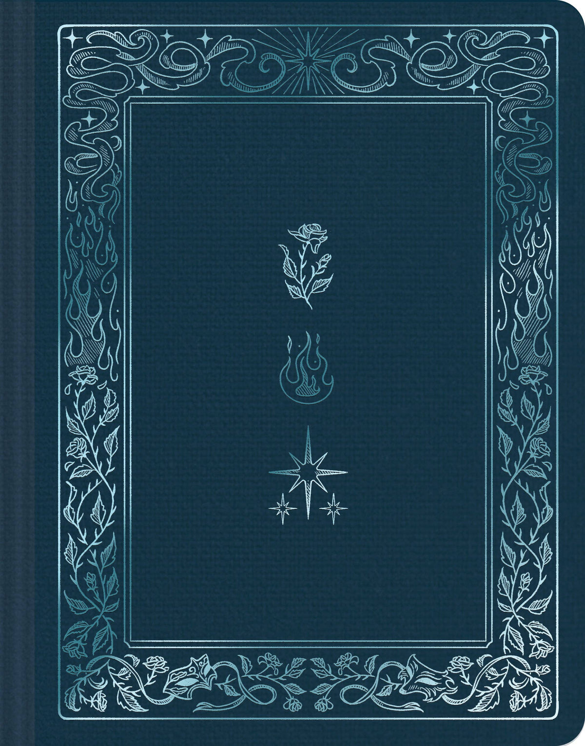 Navy blank sketchbook cover with centered floral and star icons in white frame