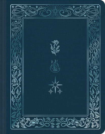 Navy blank sketchbook cover with centered floral and star icons in white frame