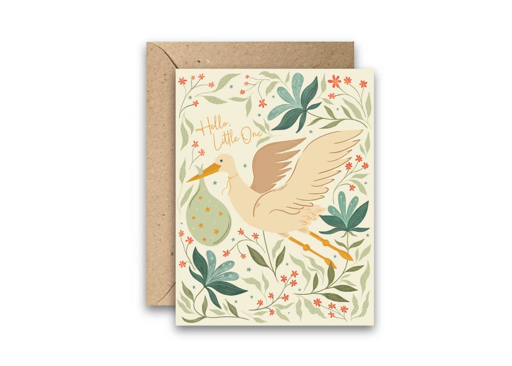 New baby greeting card with a stork carrying a baby bundle and a floral design