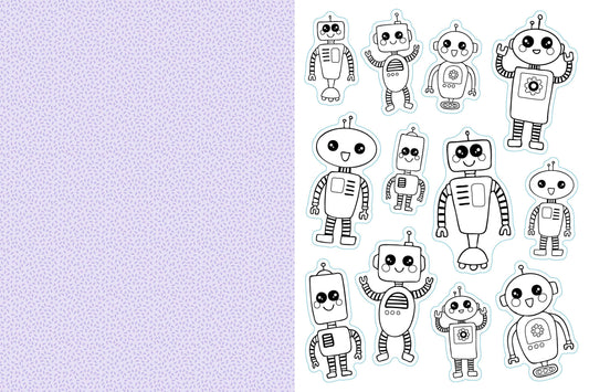 Sticker coloring page with outlined robot characters on light dotted background