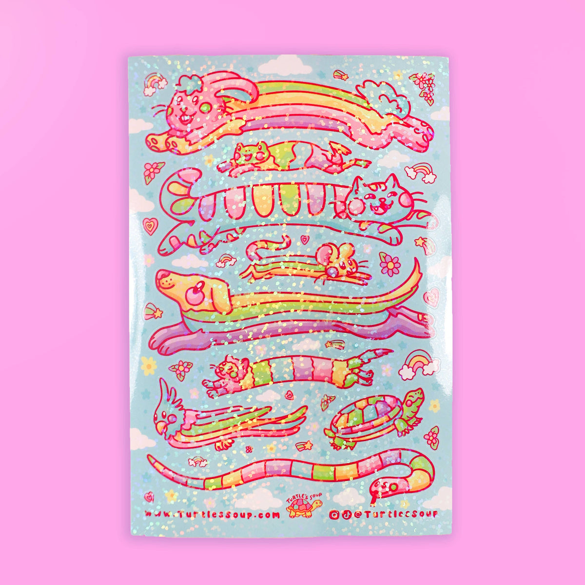 Colorful rainbow animal glitter sticker sheet, neatly laid flat