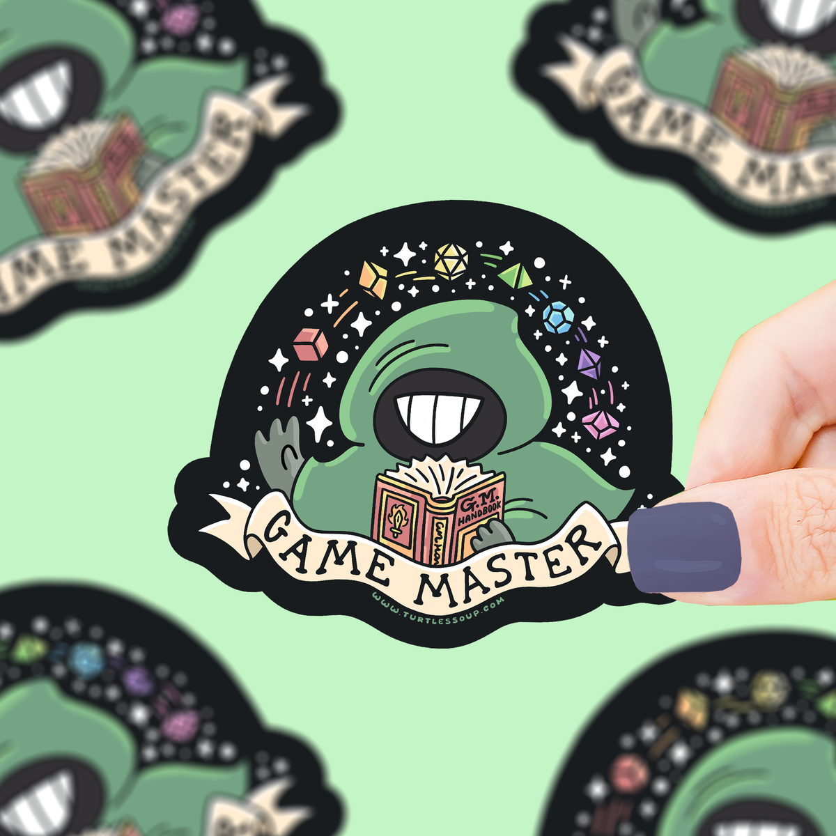 Vinyl sticker: Game Master cartoon book dragon character on black circle