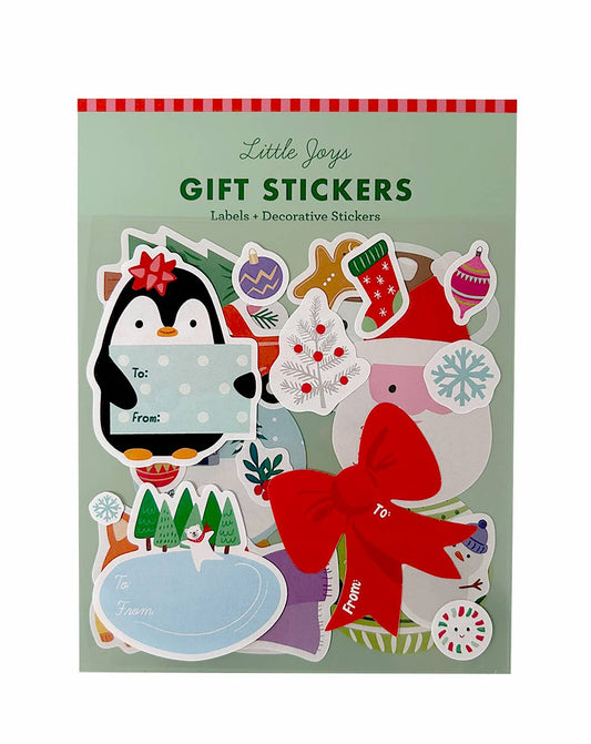 Holiday gift sticker sheet with penguin, ornaments, envelopes, and red bow