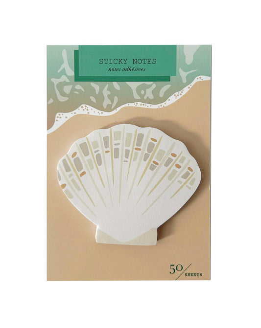 Seashell die-cut sticky notes, white shell shape on card; 50 sheets shown