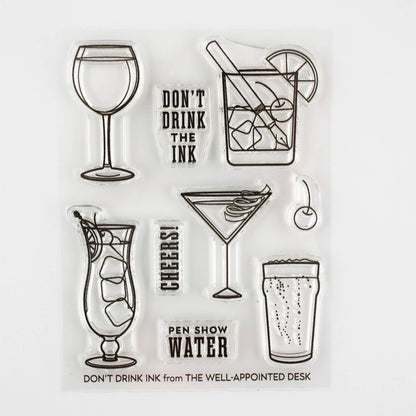 Clear stamp set sheet with 9 drink icons, glasses, and text stamps
