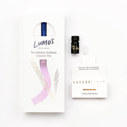 Refillable multi-tip pen set with boxed product and included pen on card