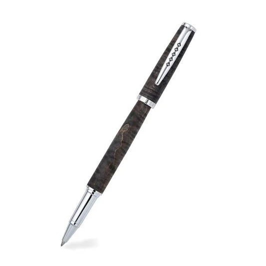 Chrome pen with dark mottled barrel, silver clip, and pointed tip