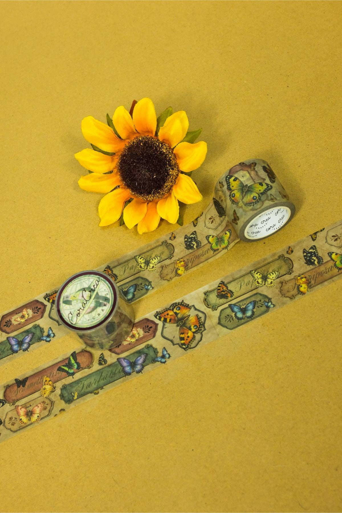 Butterfly washi tape strip with repeating owl and insect illustrations