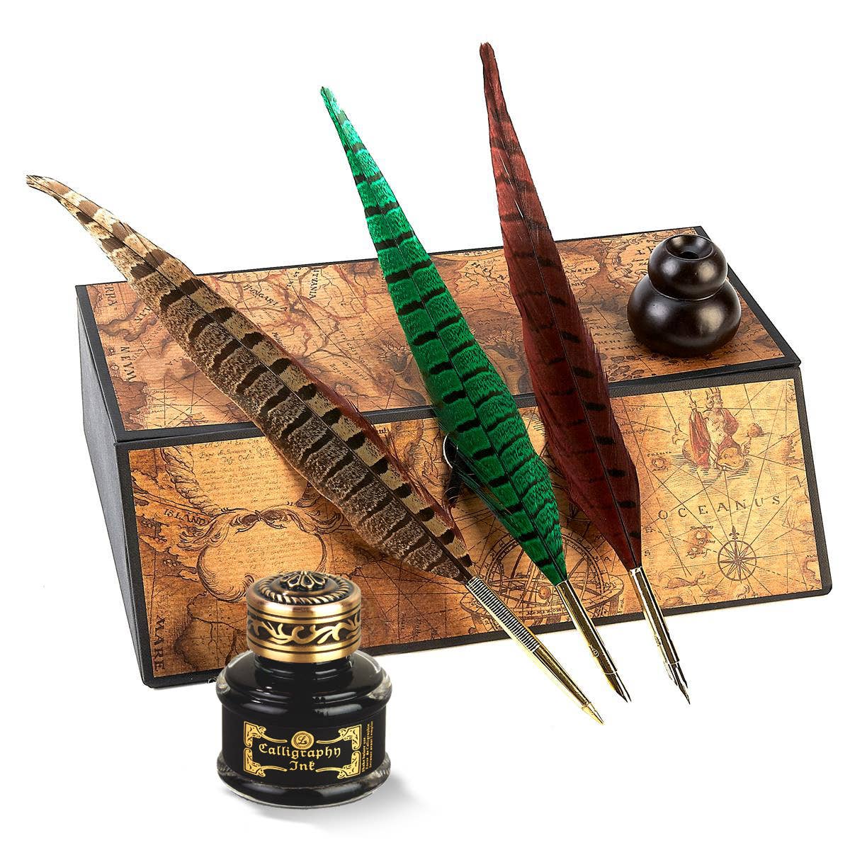 Genuine pheasant quill pen-ballpoint with green, brown, and gold feather tips plus ink bottle