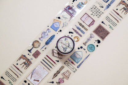Decorative transparent tape roll with blue stationery icons and labels pattern