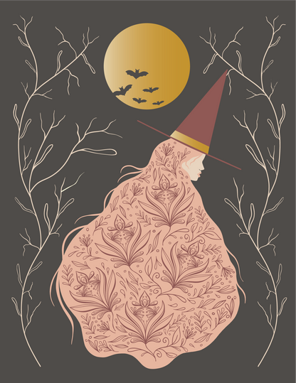 Illustration of a floral-dress witch in a pointed hat beneath a gold moon