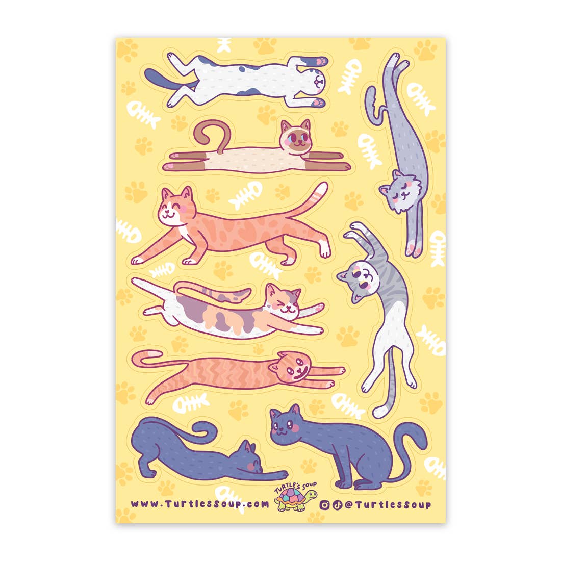 Sparkly cat sticker sheet with long cats in purple, orange, and pink outlines