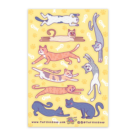 Sparkly cat sticker sheet with long cats in purple, orange, and pink outlines