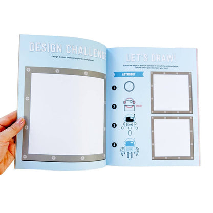 Sticker book spread with design challenge page and step-by-step robot drawing frames