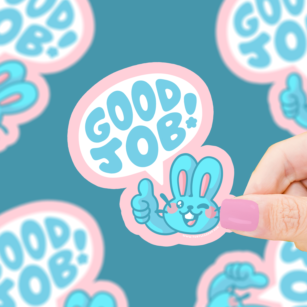 Motivational bunny vinyl sticker with “GOOD JOB” text in a speech bubble