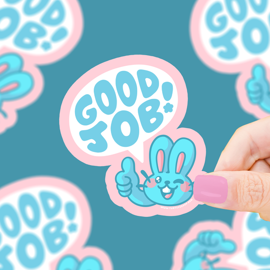 Motivational bunny vinyl sticker with “GOOD JOB” text in a speech bubble
