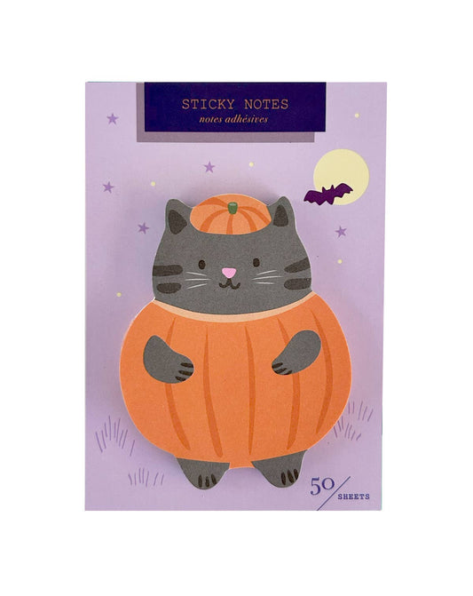 Pumpkin cat die-cut sticky notes, orange and gray cat in jack-o’-lantern costume