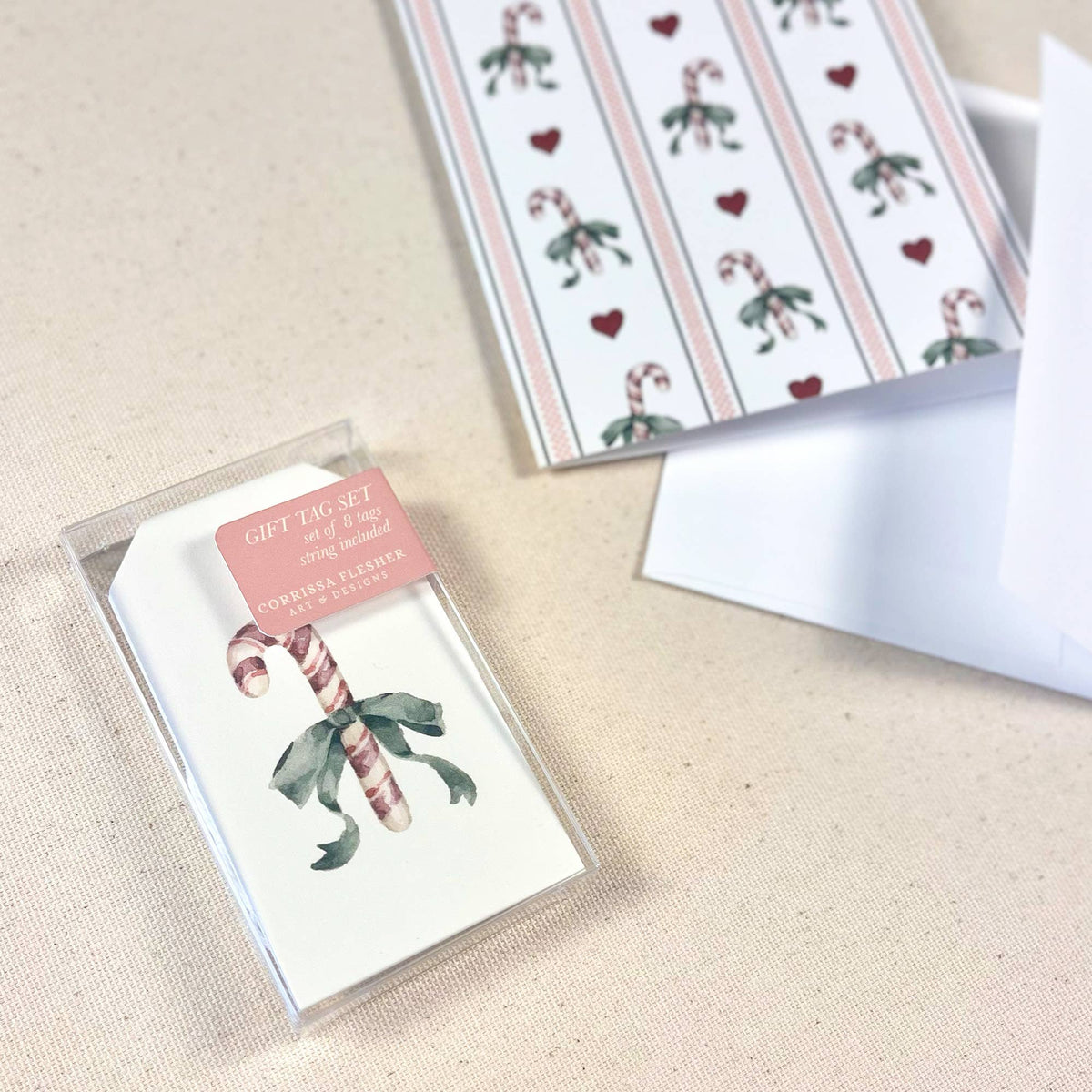 Gift tag set package with candy cane and holly design on white tag card