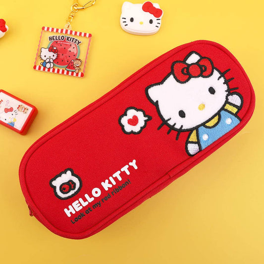 Red cotton Hello Kitty applique pencil case with zip closure and front graphic
