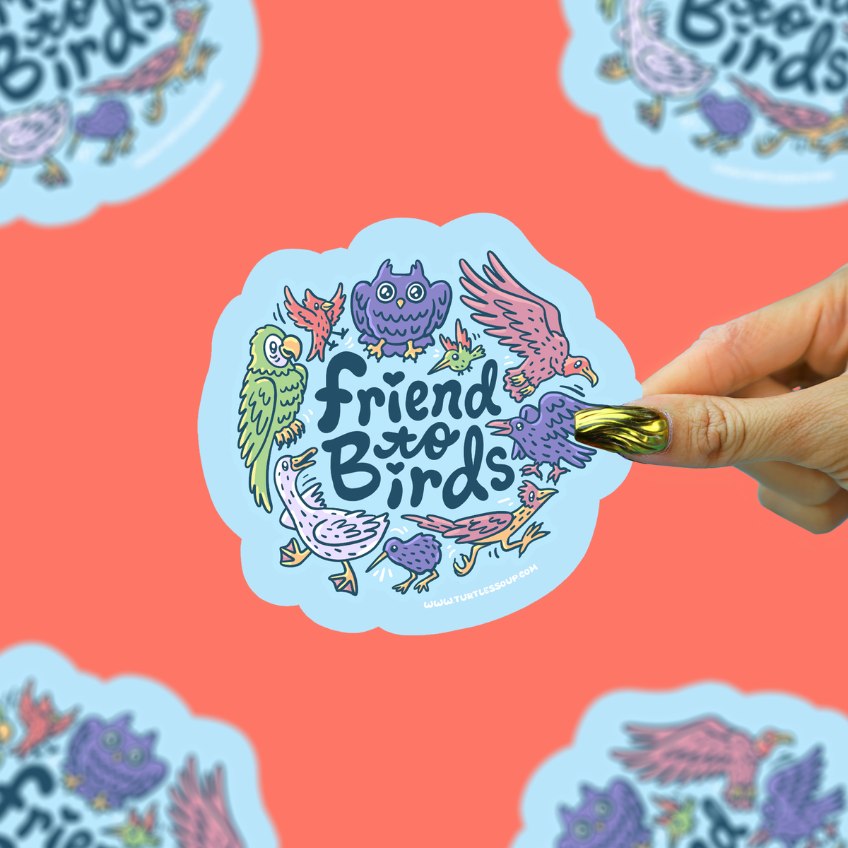 Vinyl sticker with 'Friend to Birds' text and colorful bird doodles, held by a hand