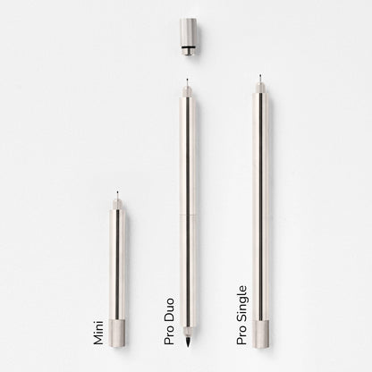Stainless steel fountain pen set: Mini, Pro Duo, and Pro Single with tips