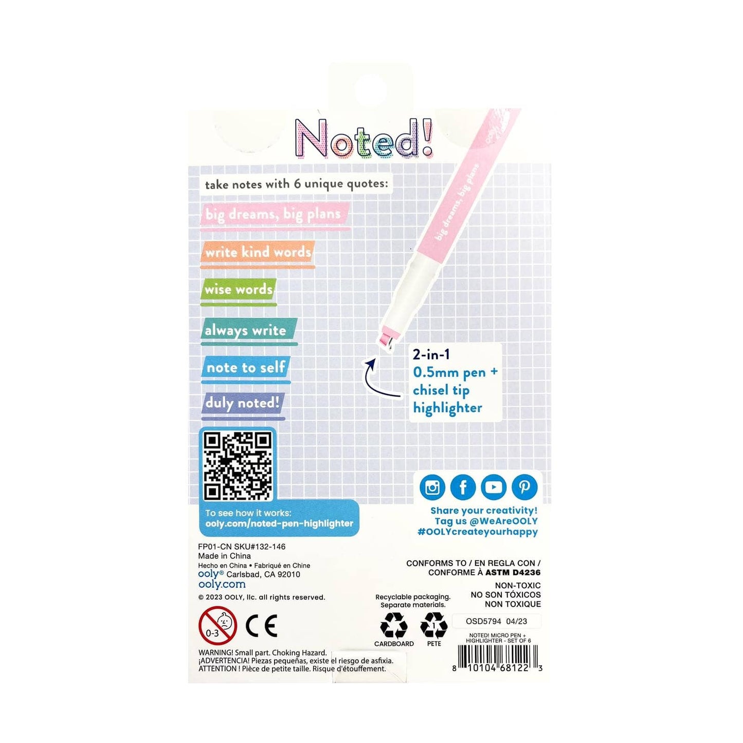 Noted!: 2-in-1 Micro Fine Tip Pen + Highlighter (Set of 6)