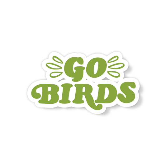 Green GO BIRDS vinyl sticker with winged lettering and white outline