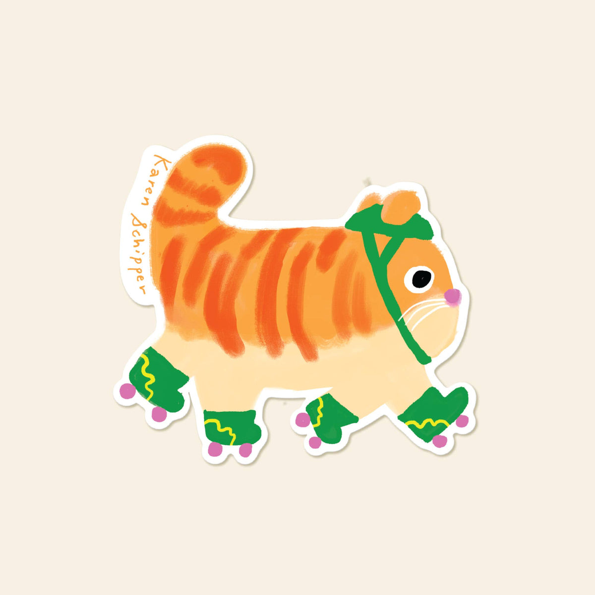 Cat on roller skates sticker with orange stripes, green skates, and a green helmet