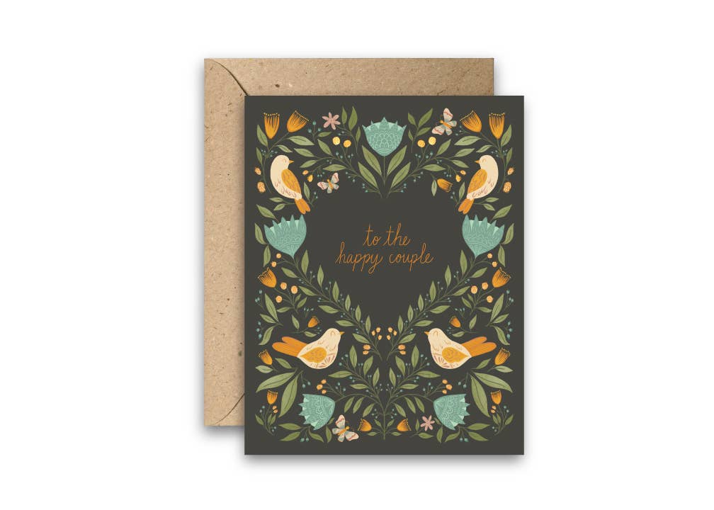Wedding greeting card with a dark floral design, four birds, and a kraft envelope