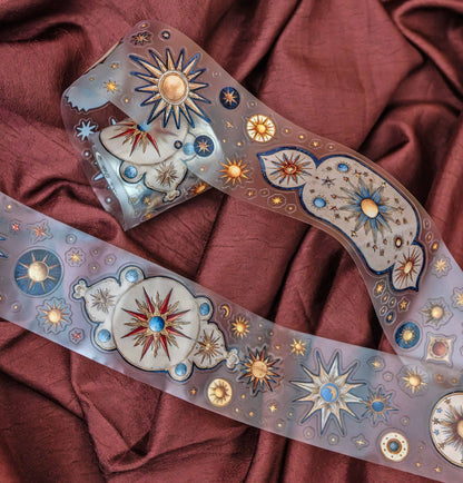 Astronomy transparent tape strip with sun, planets, stars in blue and gold